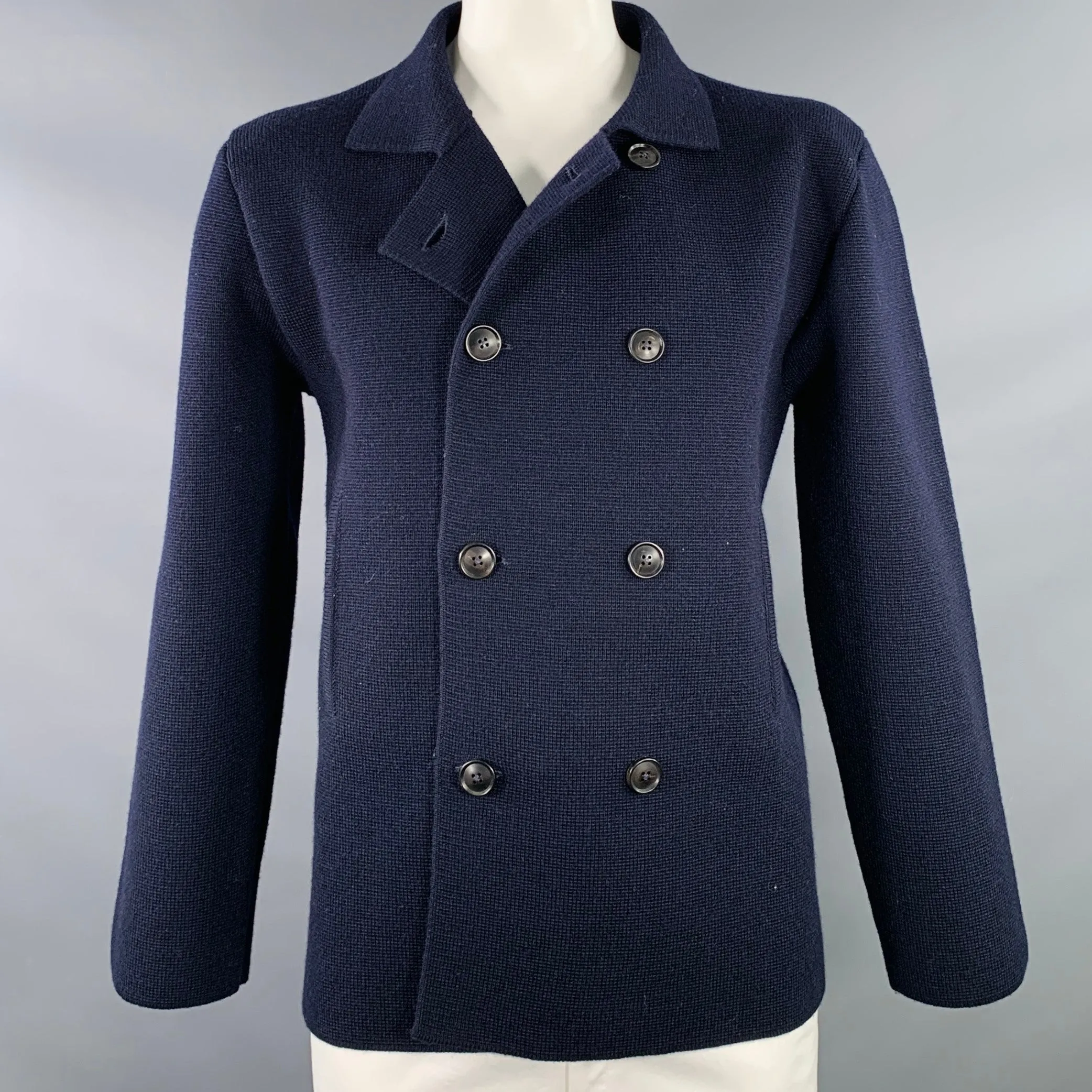 ANDERSEN-ANDERSEN Size XXL The Peacoat Navy Waffle Knit Merino Wool Coat
