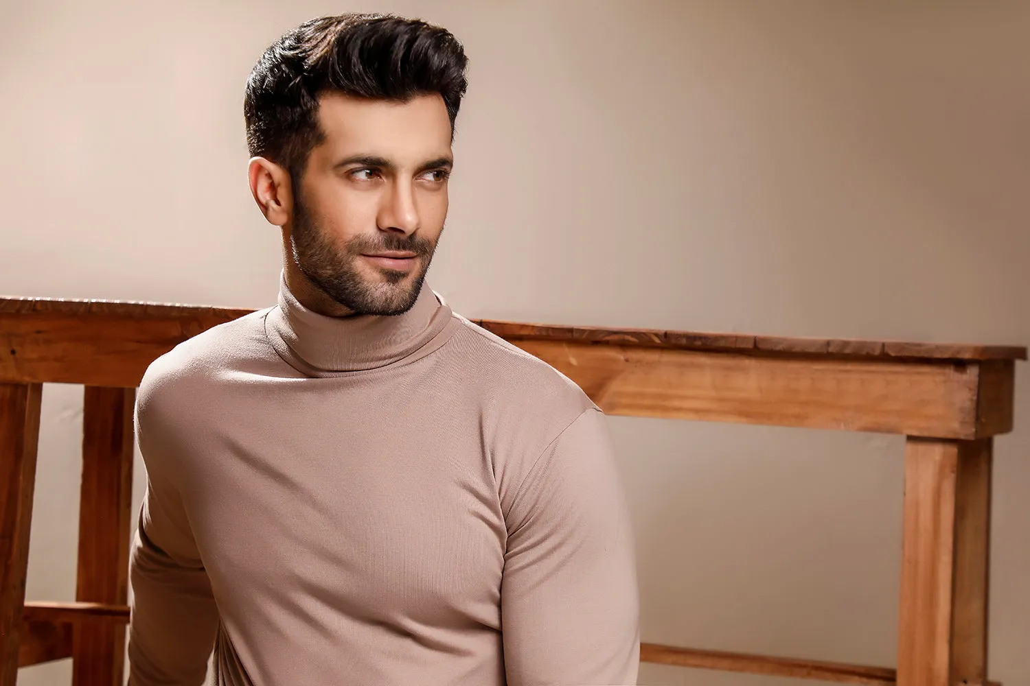 Beige Full Sleeves Turtle Neck