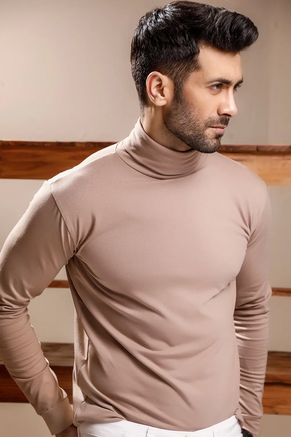 Beige Full Sleeves Turtle Neck