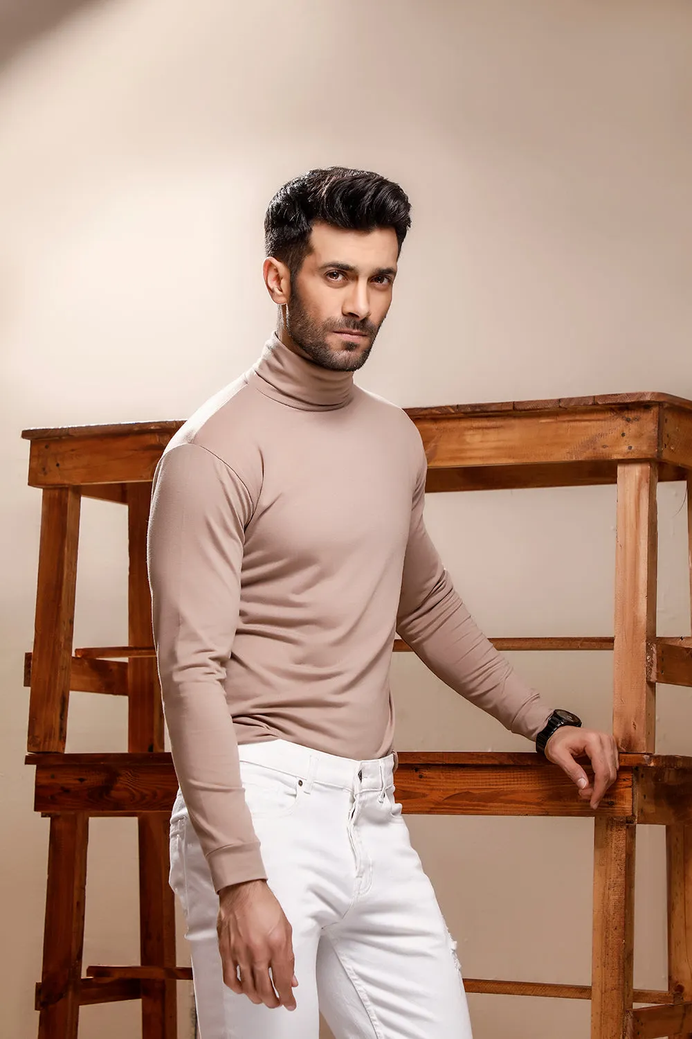 Beige Full Sleeves Turtle Neck