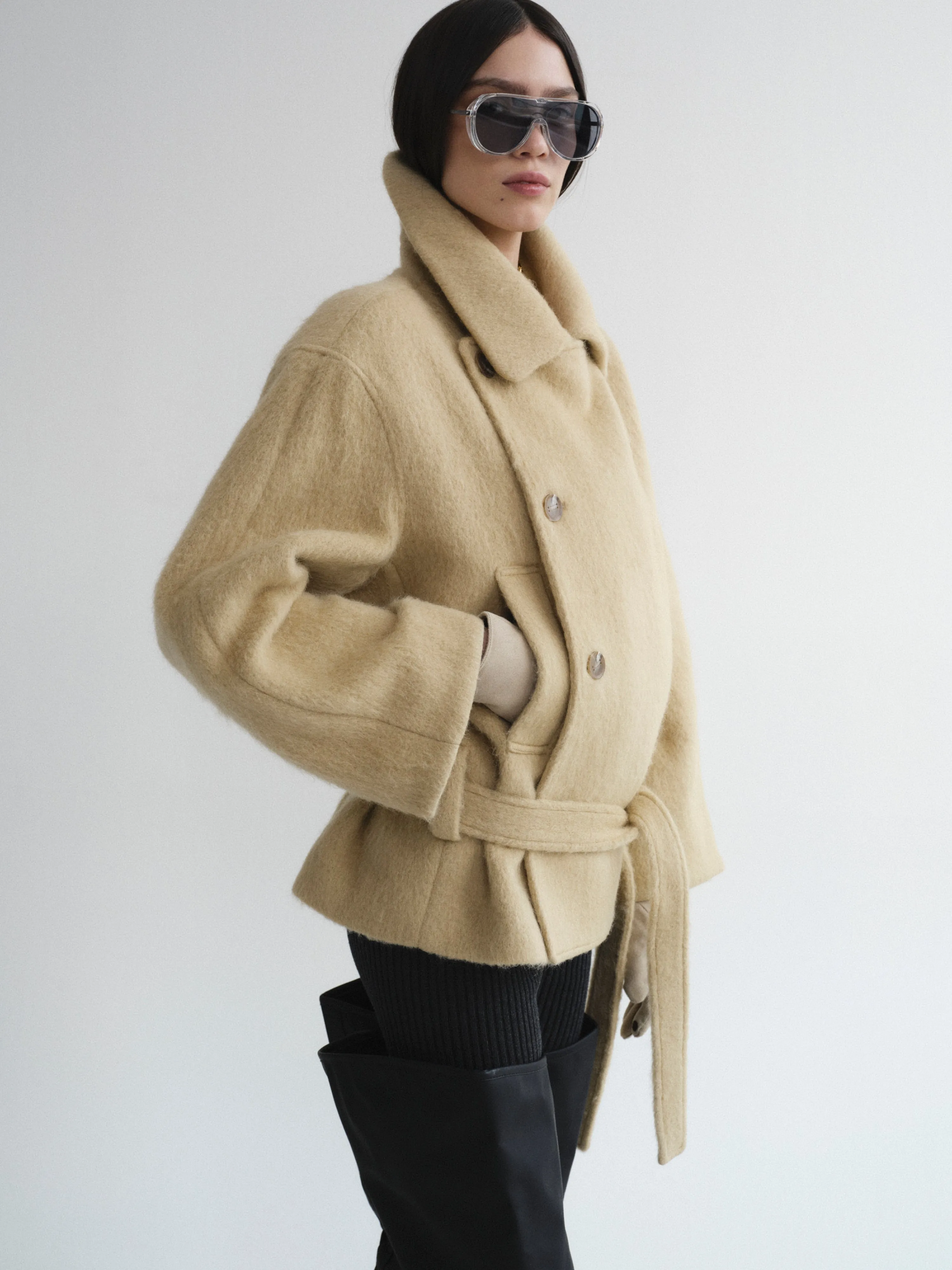 Belted Wool Short Peacoat, Beige