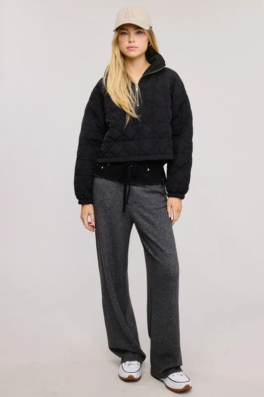 Black Quilted Puffer Sweater With Collared Zipper