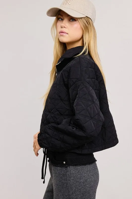 Black Quilted Puffer Sweater With Collared Zipper
