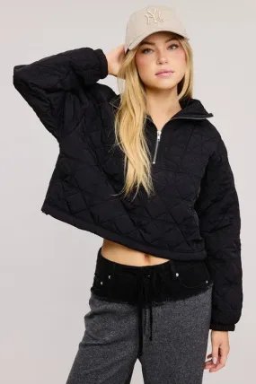 Black Quilted Puffer Sweater With Collared Zipper