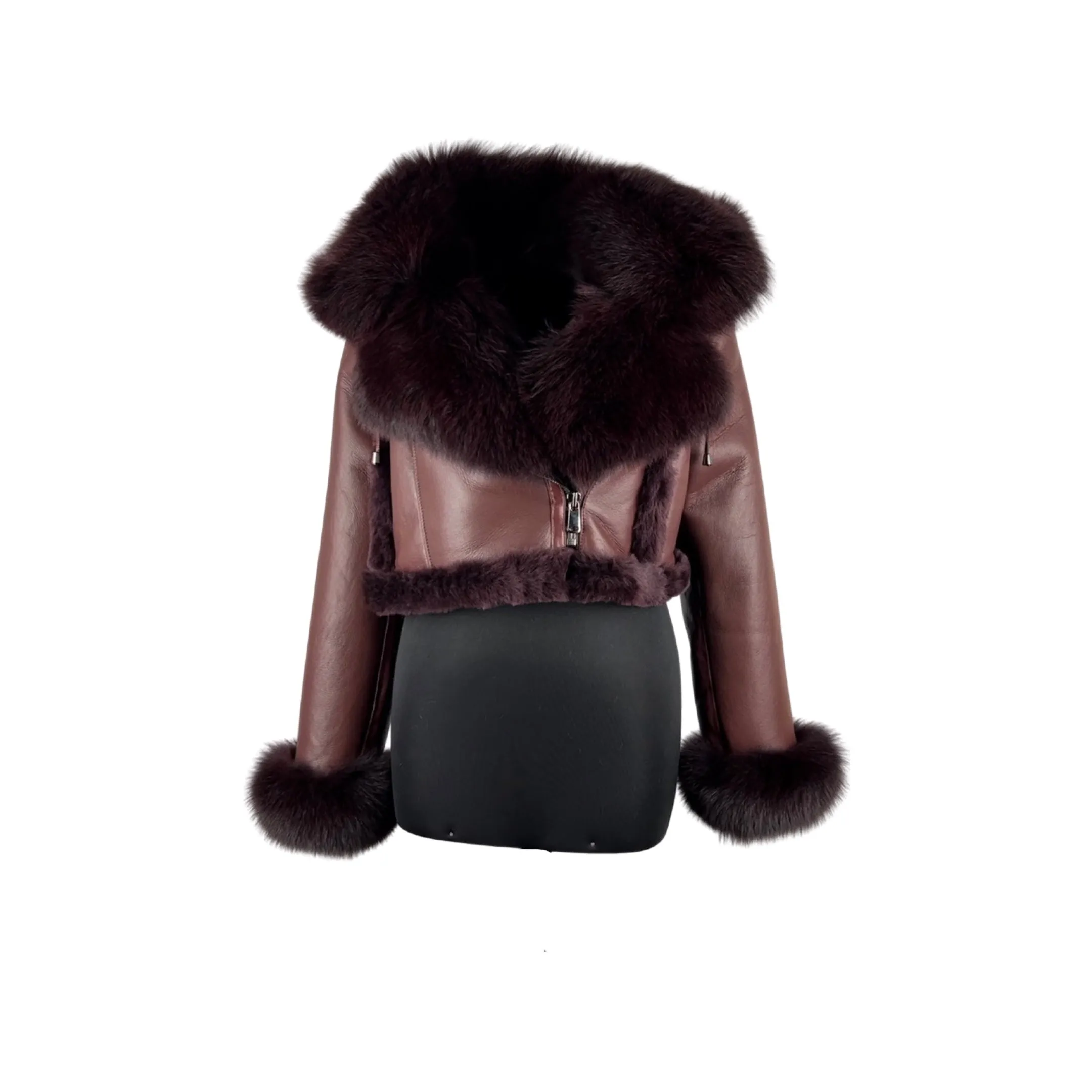 Burgundy Women's  Crop Shearling Jacket with White Fox Trim  Style # 5005