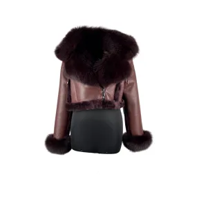 Burgundy Women's  Crop Shearling Jacket with White Fox Trim  Style # 5005