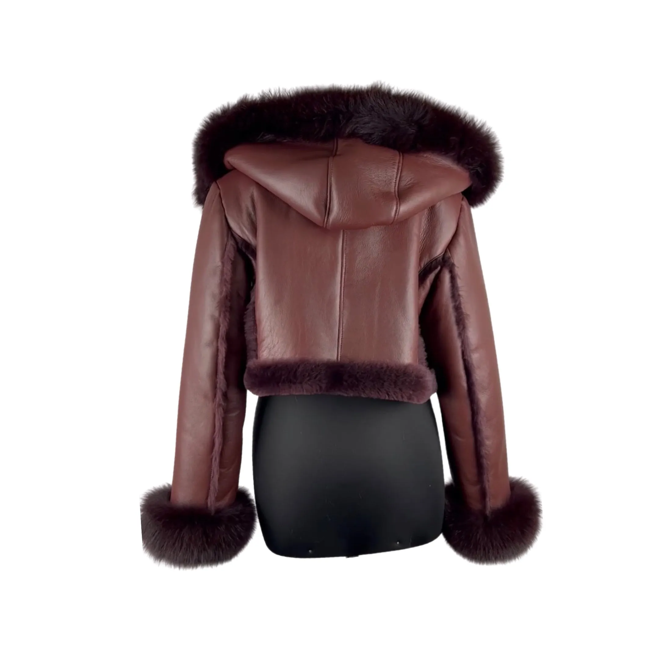 Burgundy Women's  Crop Shearling Jacket with White Fox Trim  Style # 5005