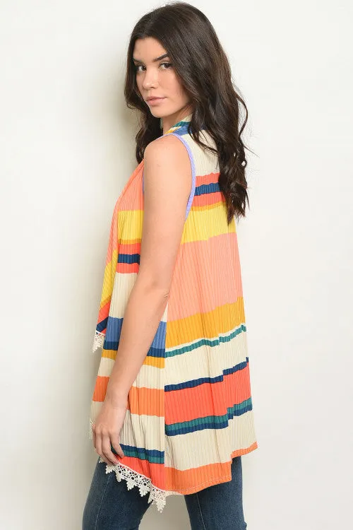 Coral Pink Stripe Cardigan Vest