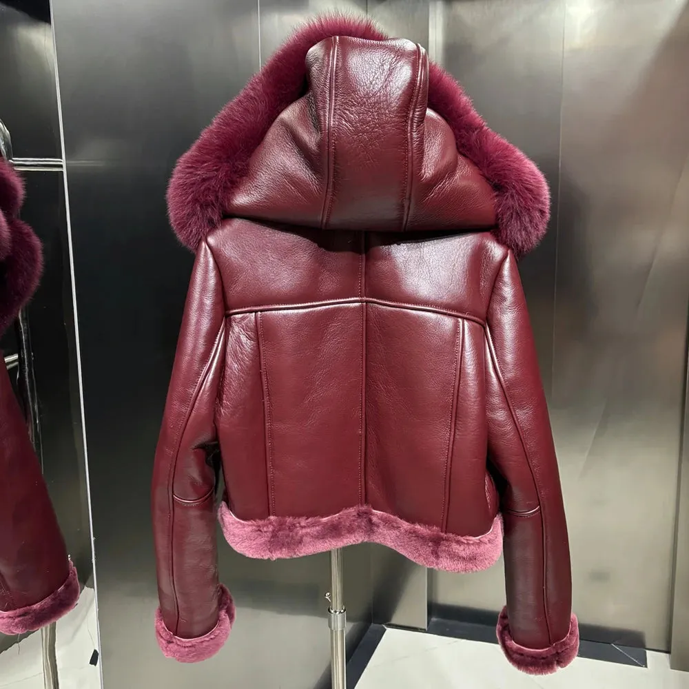 Fox Fur Trimmed Shearling Leather Hooded Jacket