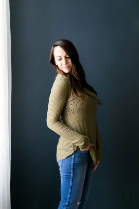 Heidi Lace Trimmed Henley In Olive