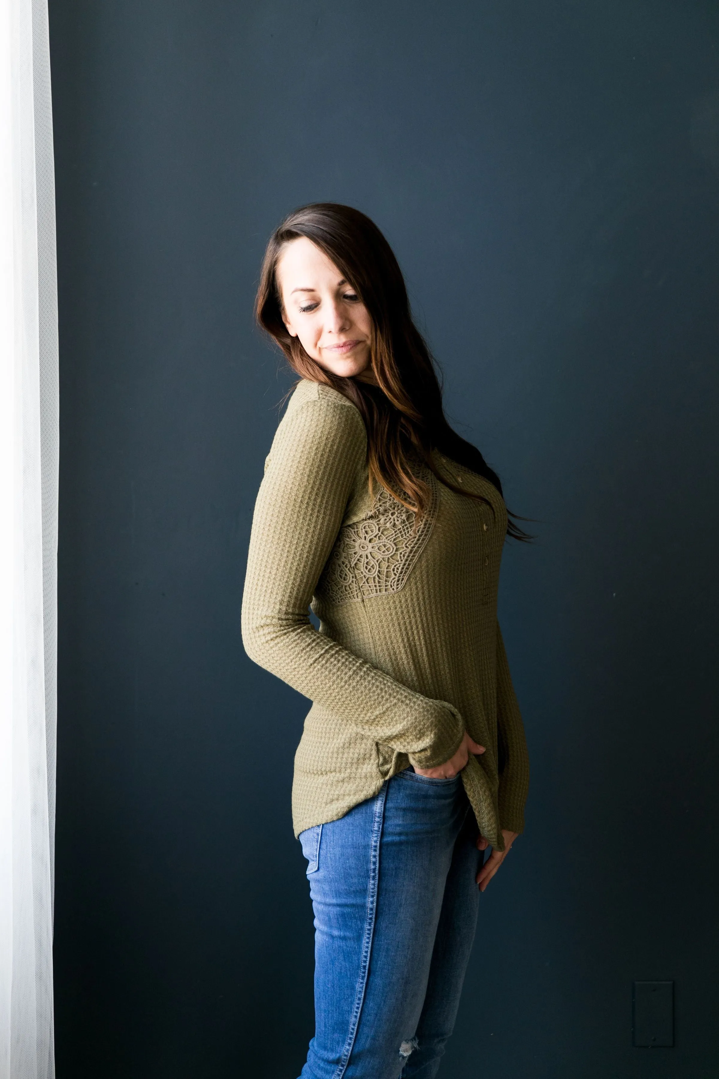 Heidi Lace Trimmed Henley In Olive