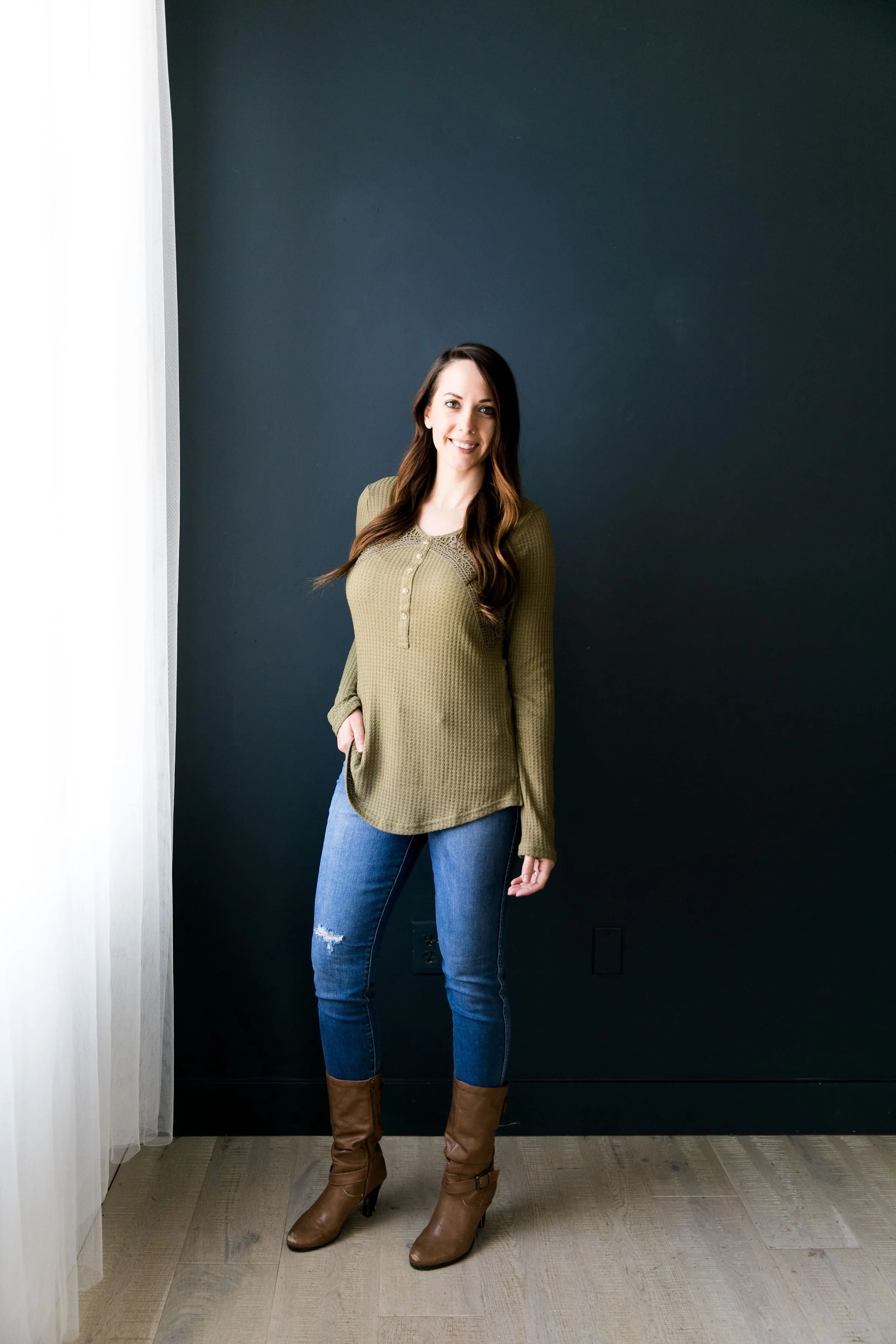 Heidi Lace Trimmed Henley In Olive