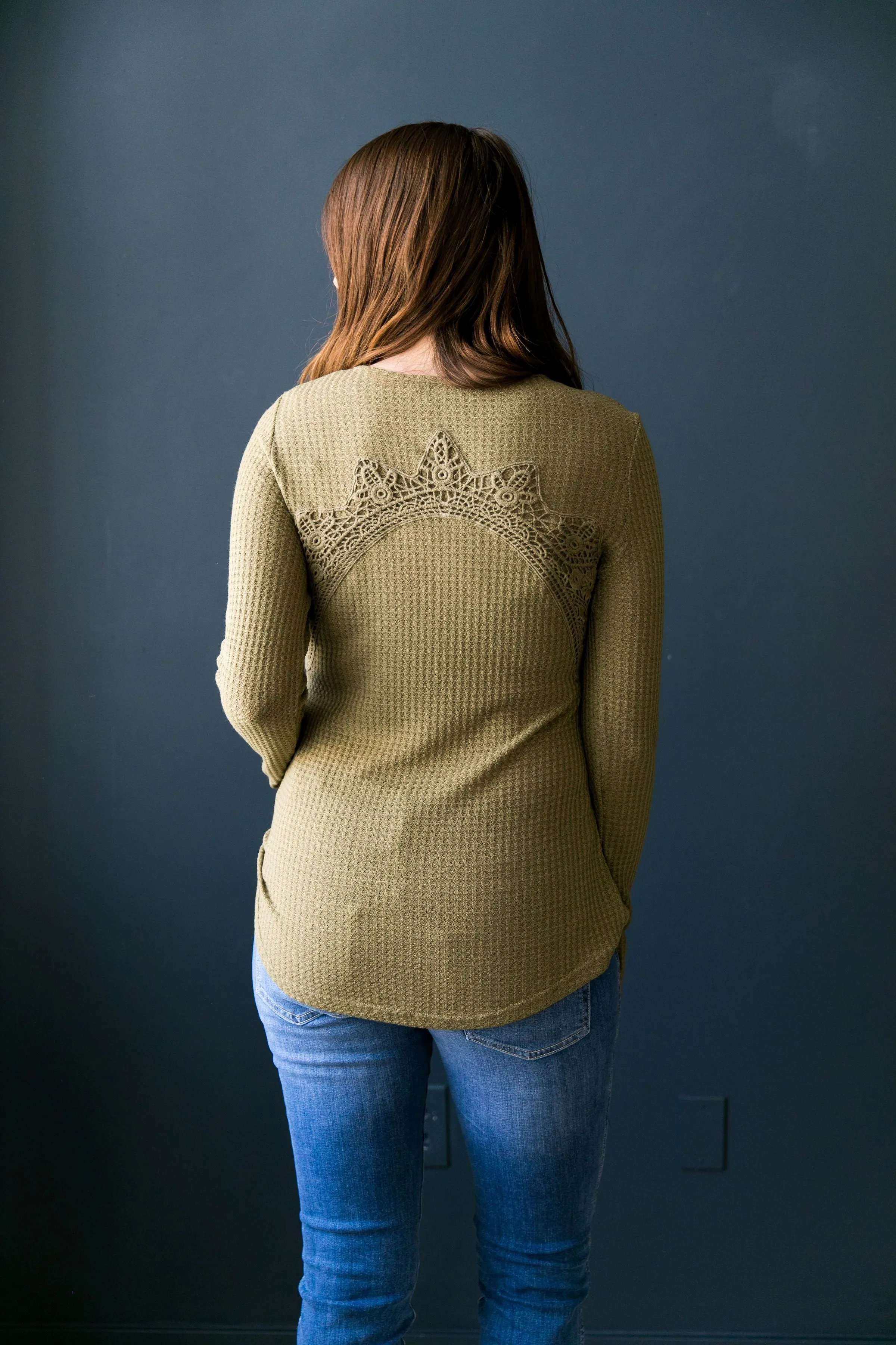 Heidi Lace Trimmed Henley In Olive