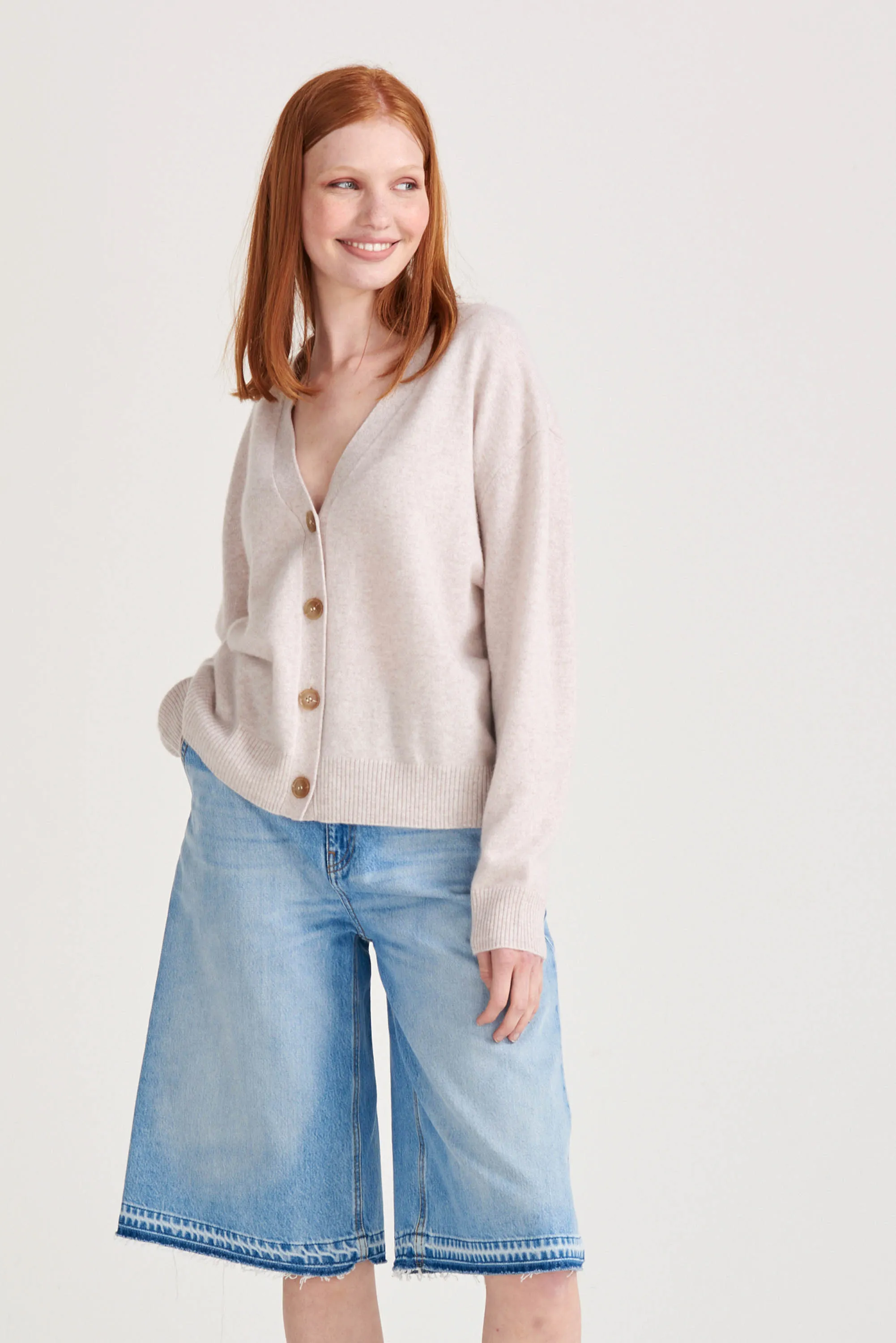 Hello Heart Cashmere Cardigan in Oatmeal and Pink