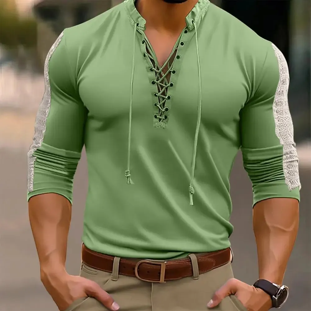 Lace-Up Pirate T-shirt Henley Collar Bridgerton TV Show Casual Men's Shirt