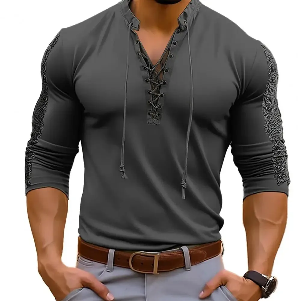 Lace-Up Pirate T-shirt Henley Collar Bridgerton TV Show Casual Men's Shirt