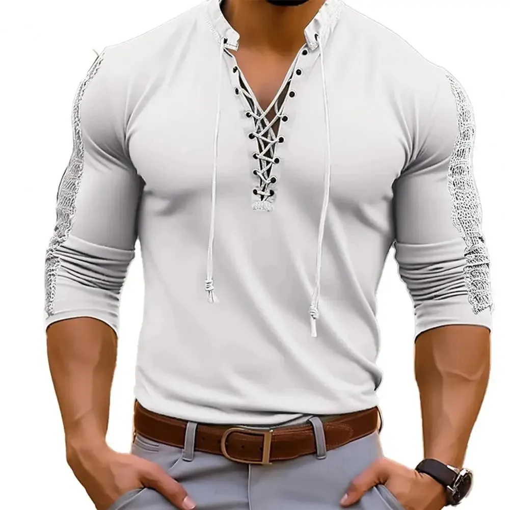 Lace-Up Pirate T-shirt Henley Collar Bridgerton TV Show Casual Men's Shirt