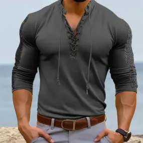 Lace-Up Pirate T-shirt Henley Collar Bridgerton TV Show Casual Men's Shirt