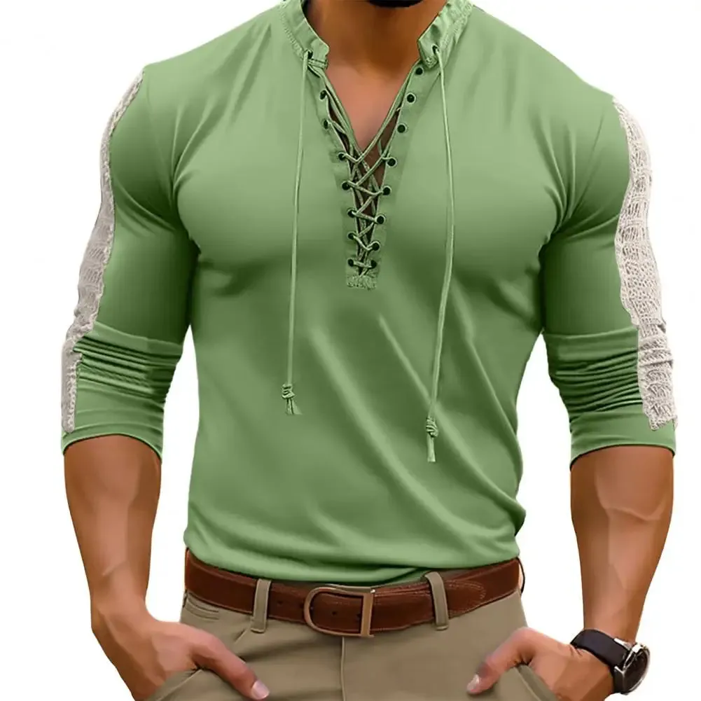 Lace-Up Pirate T-shirt Henley Collar Bridgerton TV Show Casual Men's Shirt