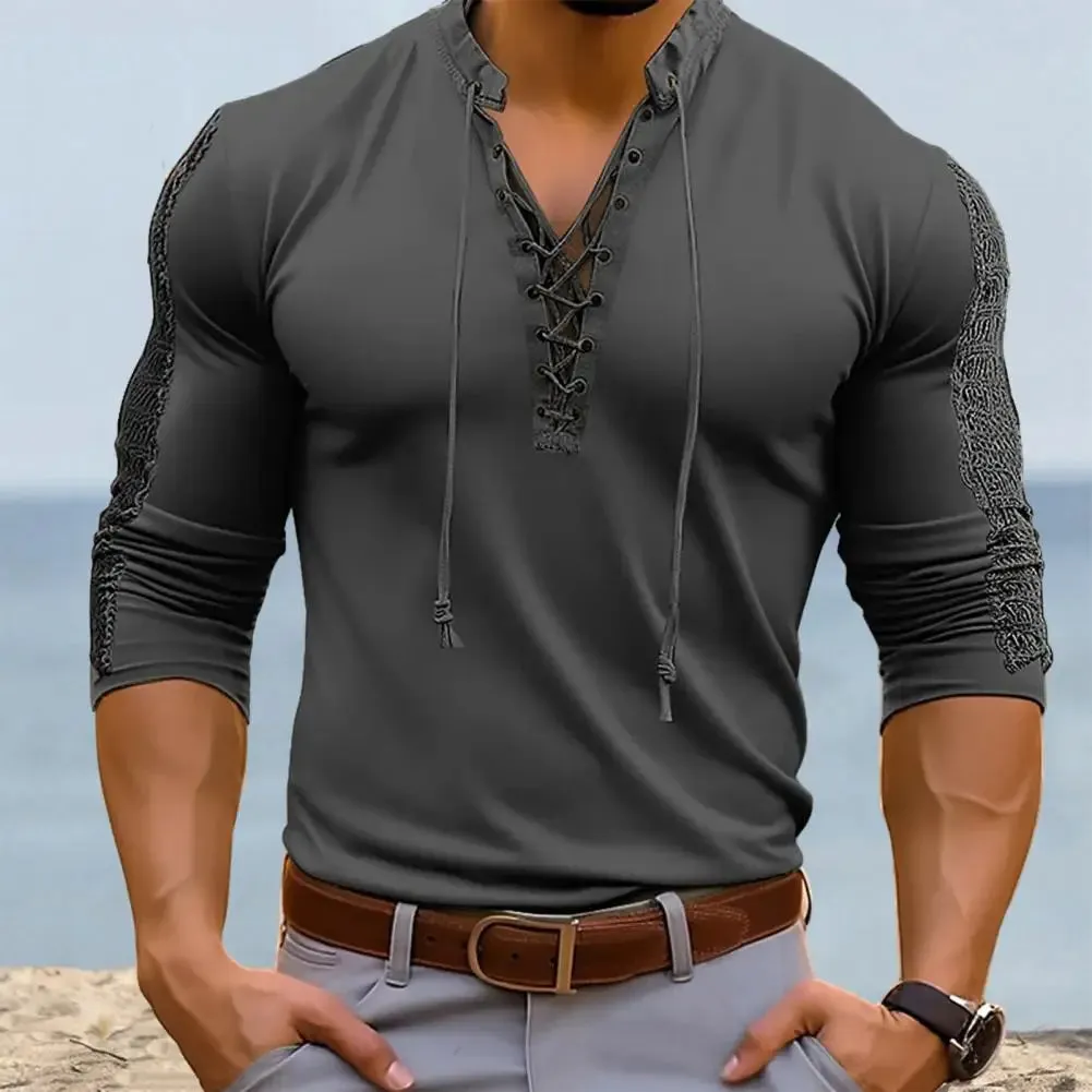Lace-Up Pirate T-shirt Henley Collar Bridgerton TV Show Casual Men's Shirt