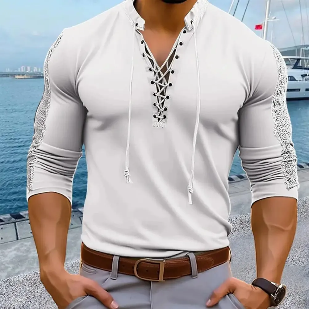 Lace-Up Pirate T-shirt Henley Collar Bridgerton TV Show Casual Men's Shirt