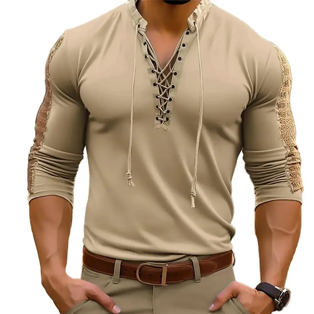 Lace-Up Pirate T-shirt Henley Collar Bridgerton TV Show Casual Men's Shirt