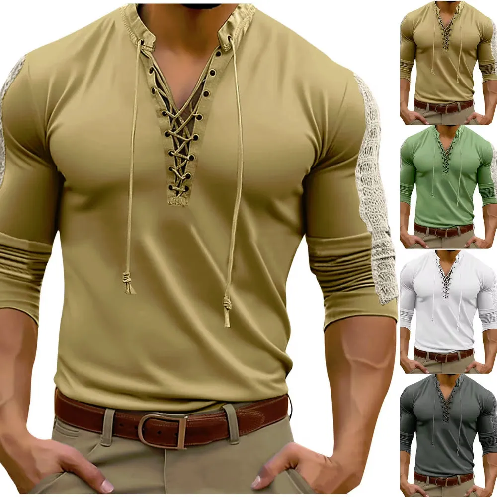 Lace-Up Pirate T-shirt Henley Collar Bridgerton TV Show Casual Men's Shirt