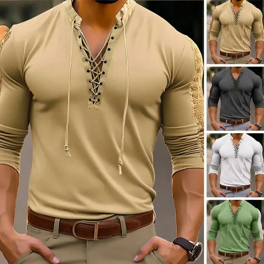 Lace-Up Pirate T-shirt Henley Collar Bridgerton TV Show Casual Men's Shirt