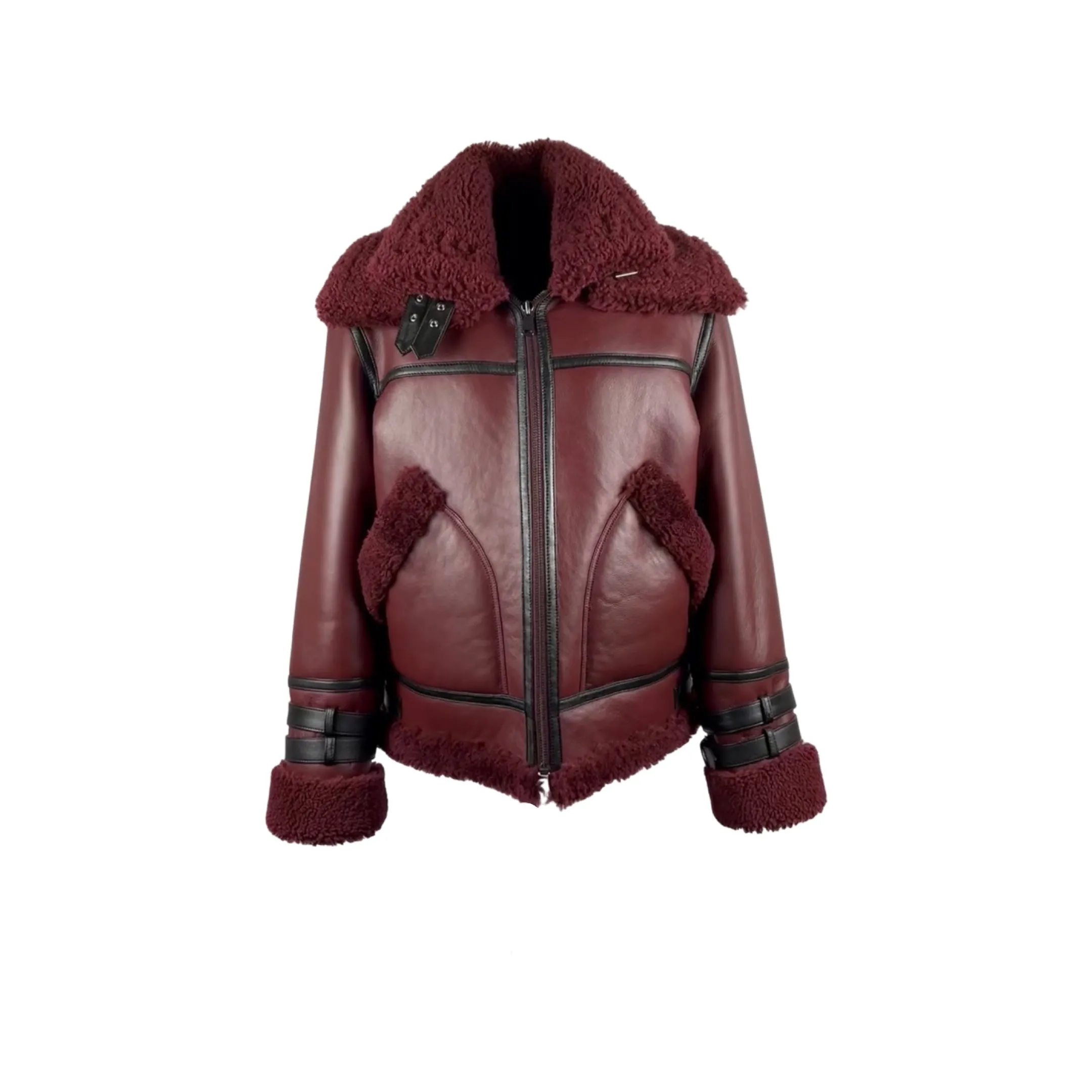 Men's  Burgundy Double Collar Aviator Shearling Jacket Style # 4020