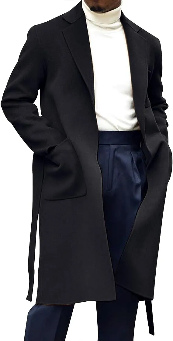 Men's Italia Belted Long Sleeve Black Winter Pea Coat