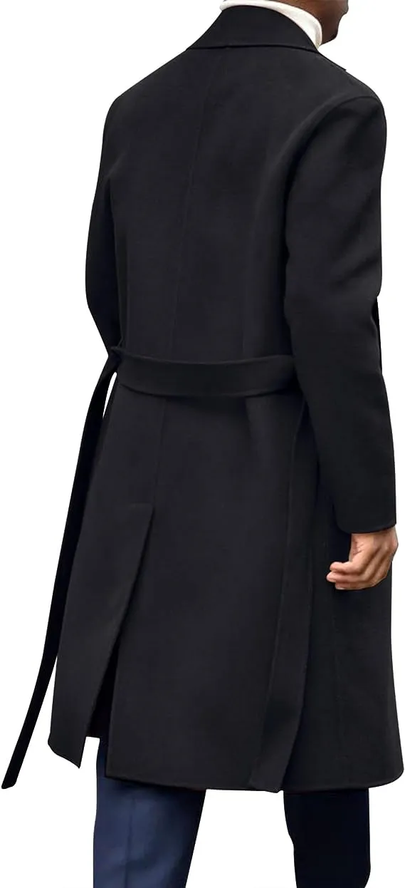 Men's Italia Belted Long Sleeve Black Winter Pea Coat