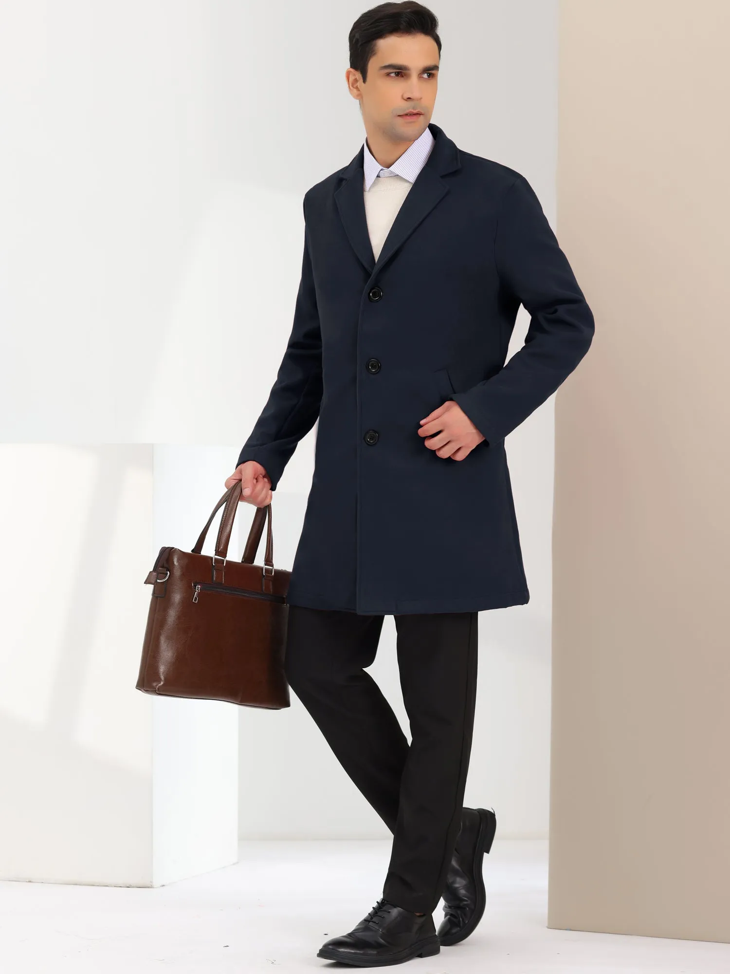 Men's Trench Coat Lapel Collar Single Breasted Warm Long Peacoat Overcoat