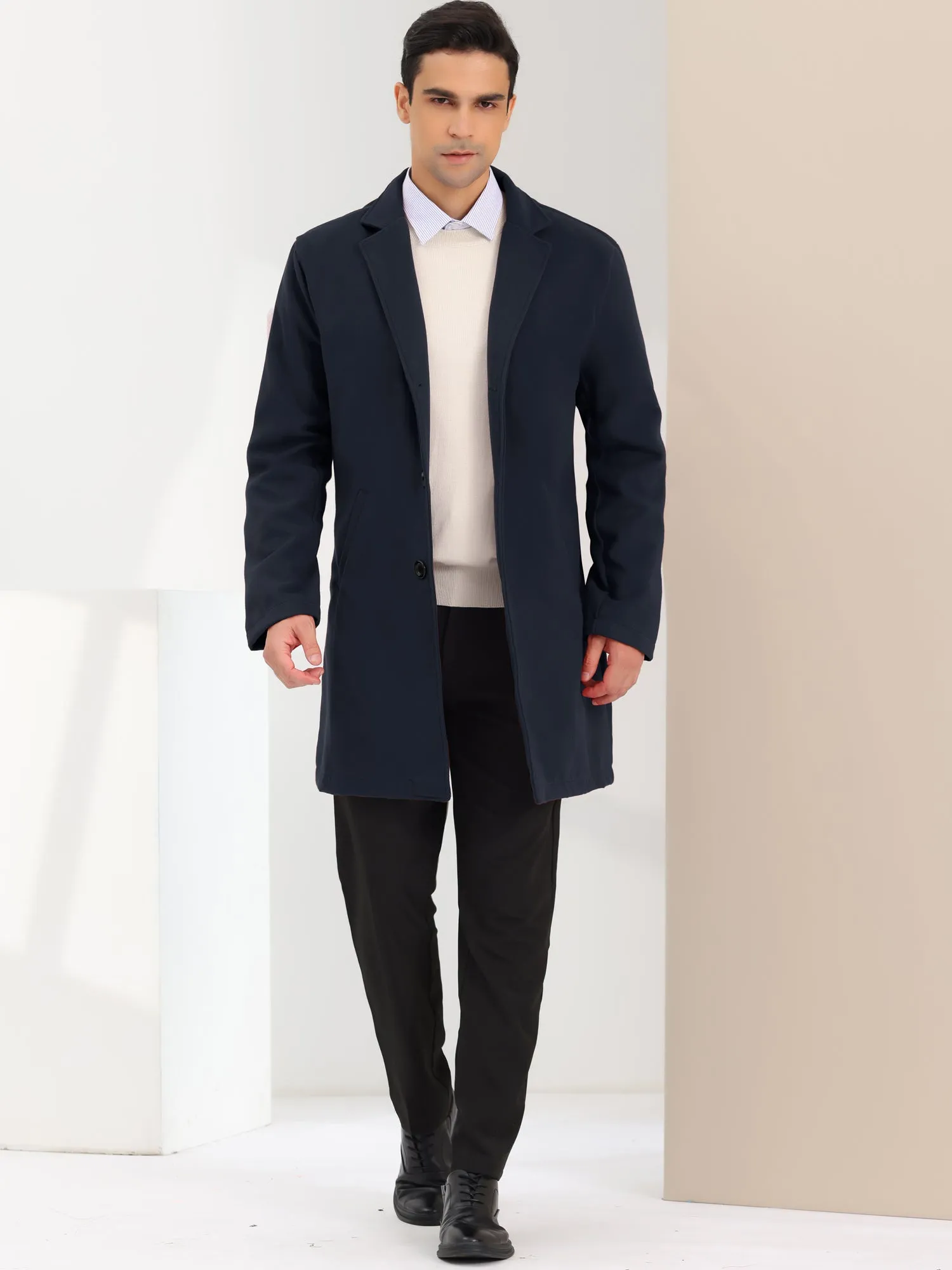 Men's Trench Coat Lapel Collar Single Breasted Warm Long Peacoat Overcoat