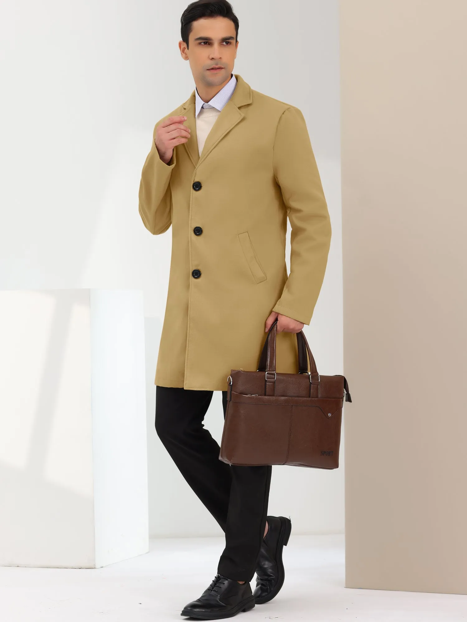 Men's Trench Coat Lapel Collar Single Breasted Warm Long Peacoat Overcoat