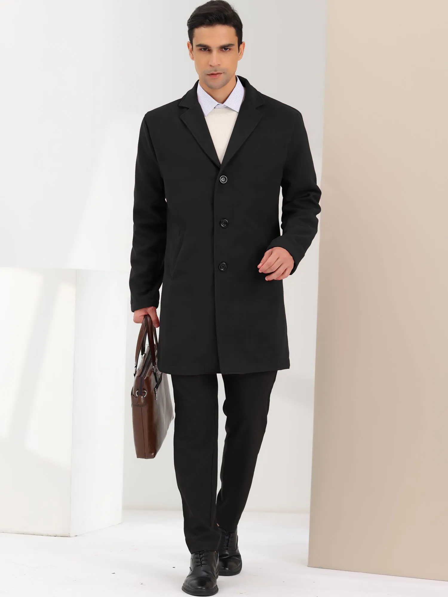 Men's Trench Coat Lapel Collar Single Breasted Warm Long Peacoat Overcoat