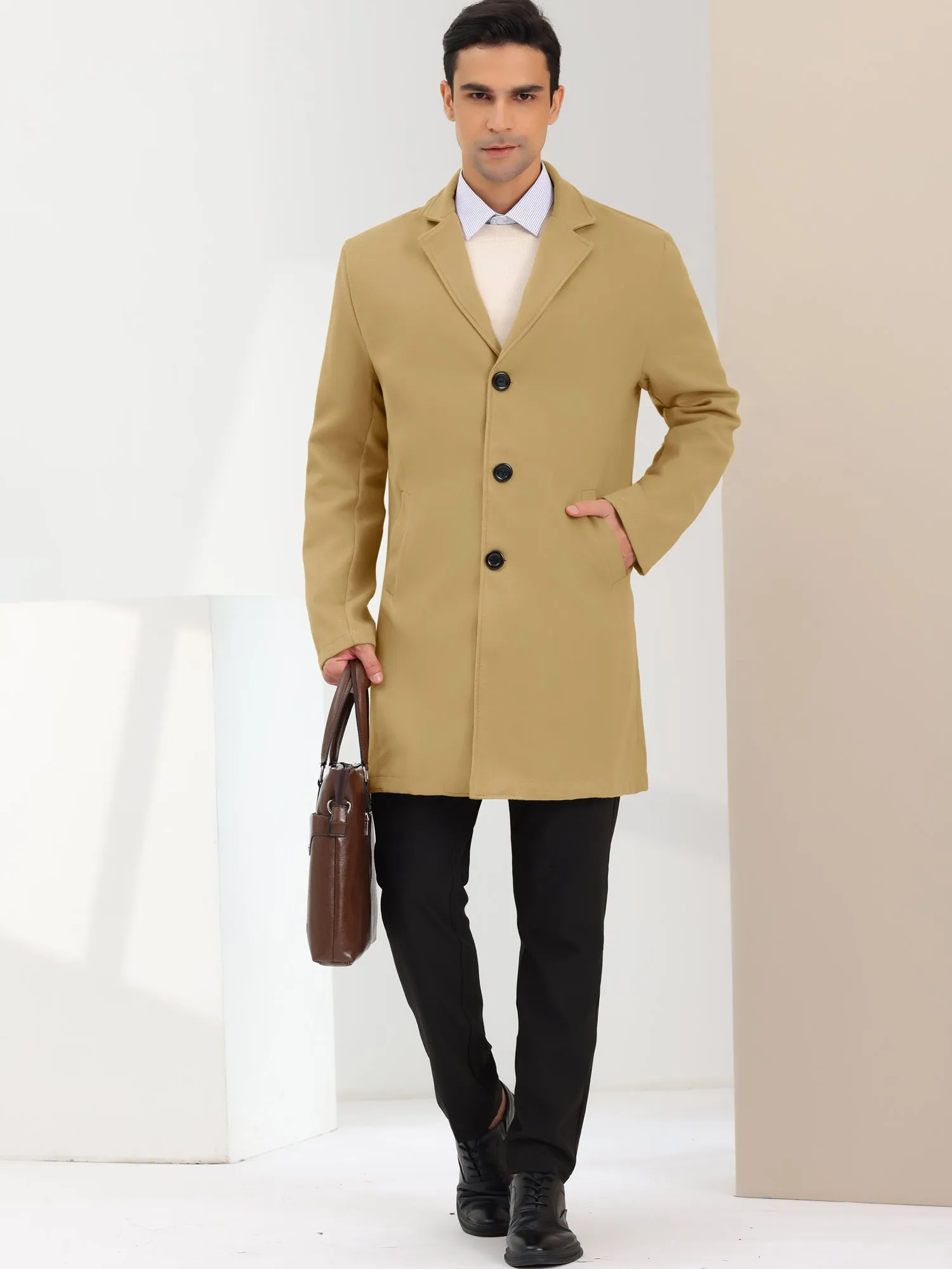 Men's Trench Coat Lapel Collar Single Breasted Warm Long Peacoat Overcoat