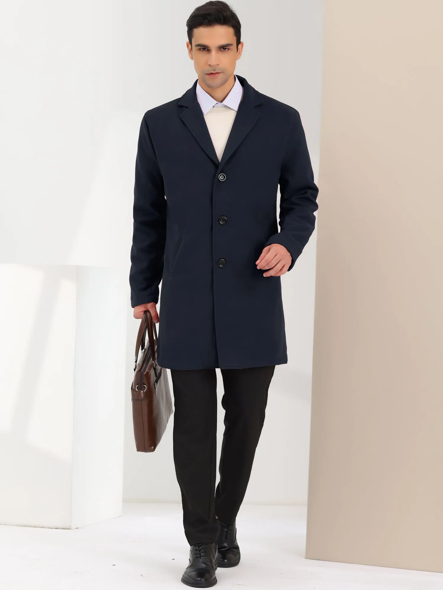 Men's Trench Coat Lapel Collar Single Breasted Warm Long Peacoat Overcoat