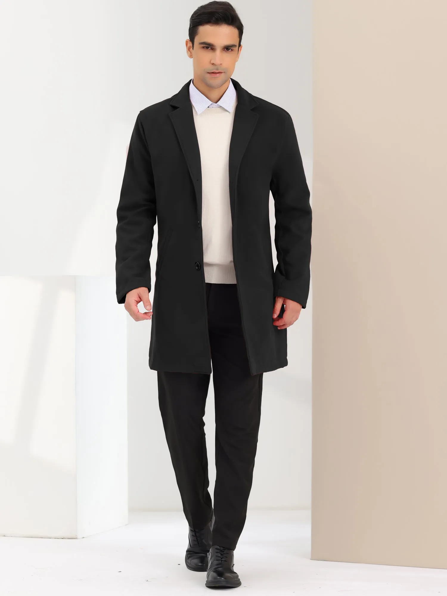Men's Trench Coat Lapel Collar Single Breasted Warm Long Peacoat Overcoat