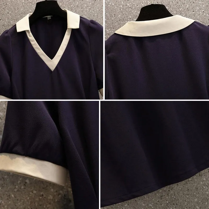 Nsquared Polo Dress | Female Summer V-neck Short Sleeve Mid-Calf Length A-LINE Casual Sweet Stitch Korean Version College Style