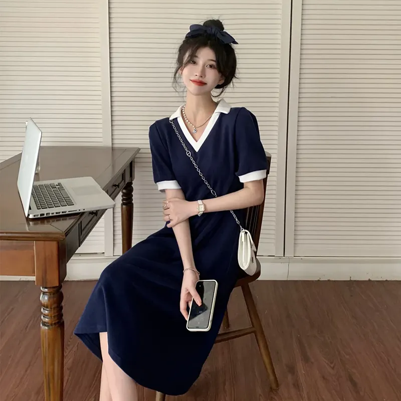 Nsquared Polo Dress | Female Summer V-neck Short Sleeve Mid-Calf Length A-LINE Casual Sweet Stitch Korean Version College Style