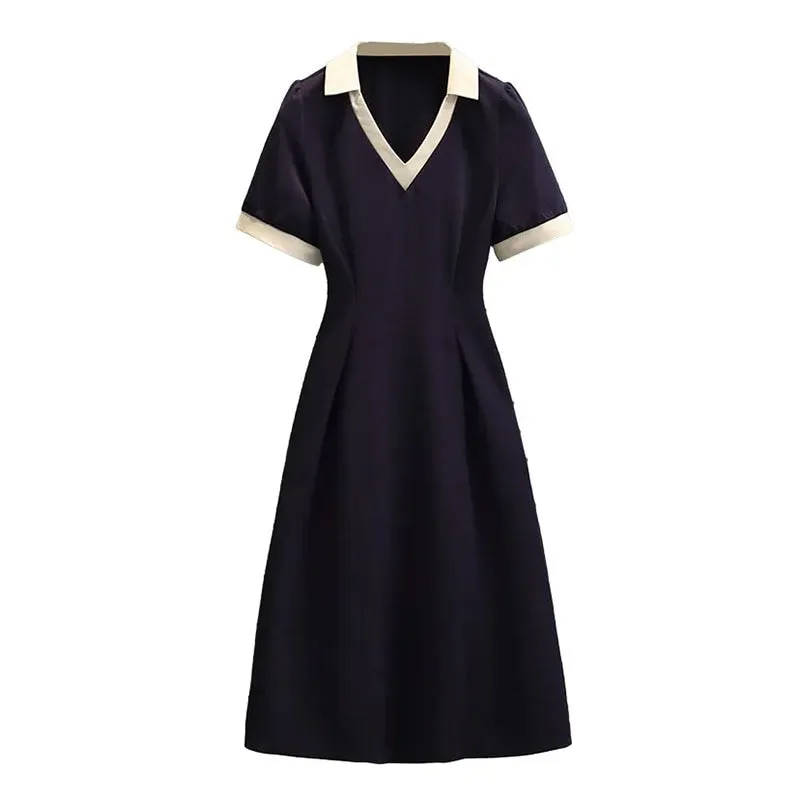 Nsquared Polo Dress | Female Summer V-neck Short Sleeve Mid-Calf Length A-LINE Casual Sweet Stitch Korean Version College Style