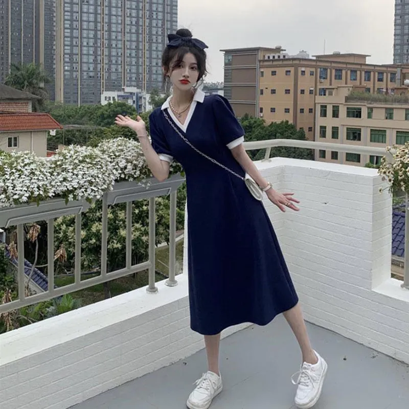 Nsquared Polo Dress | Female Summer V-neck Short Sleeve Mid-Calf Length A-LINE Casual Sweet Stitch Korean Version College Style