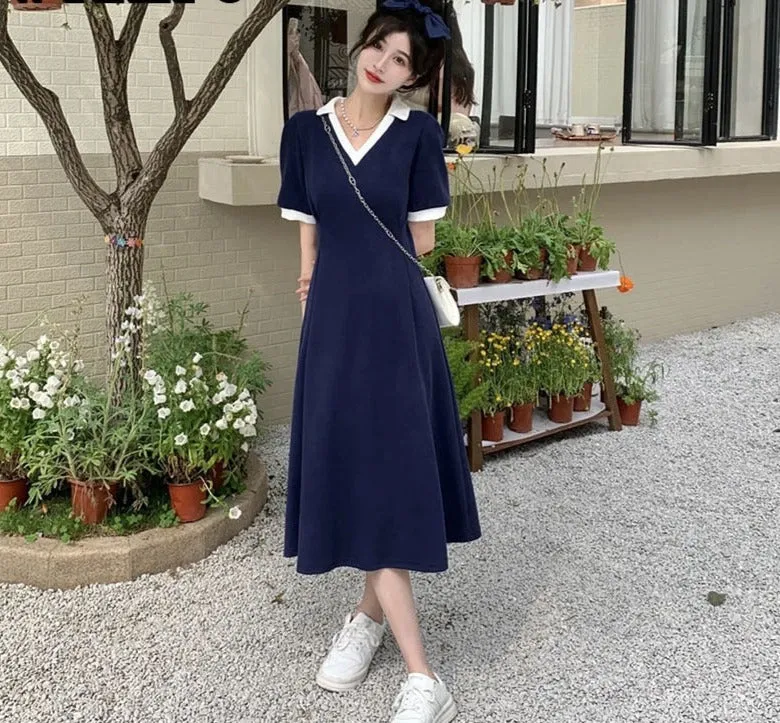 Nsquared Polo Dress | Female Summer V-neck Short Sleeve Mid-Calf Length A-LINE Casual Sweet Stitch Korean Version College Style