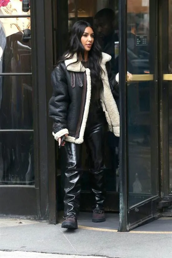 Original Black Leather Jacket with Faux Fur Worn By Kim Kardashian | Kim Kardashian Original Black Leather Jacket with Faux Fur