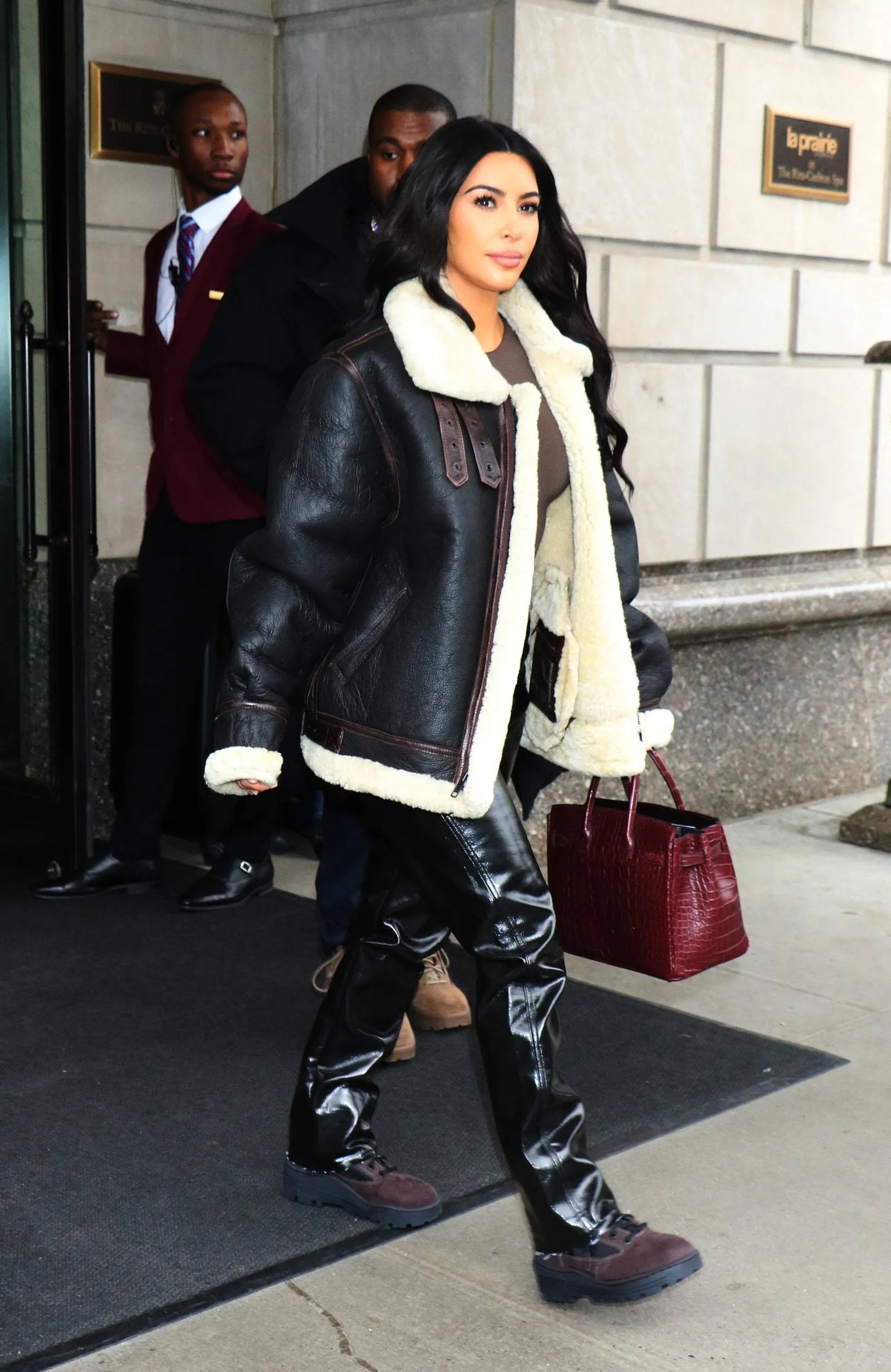 Original Black Leather Jacket with Faux Fur Worn By Kim Kardashian | Kim Kardashian Original Black Leather Jacket with Faux Fur