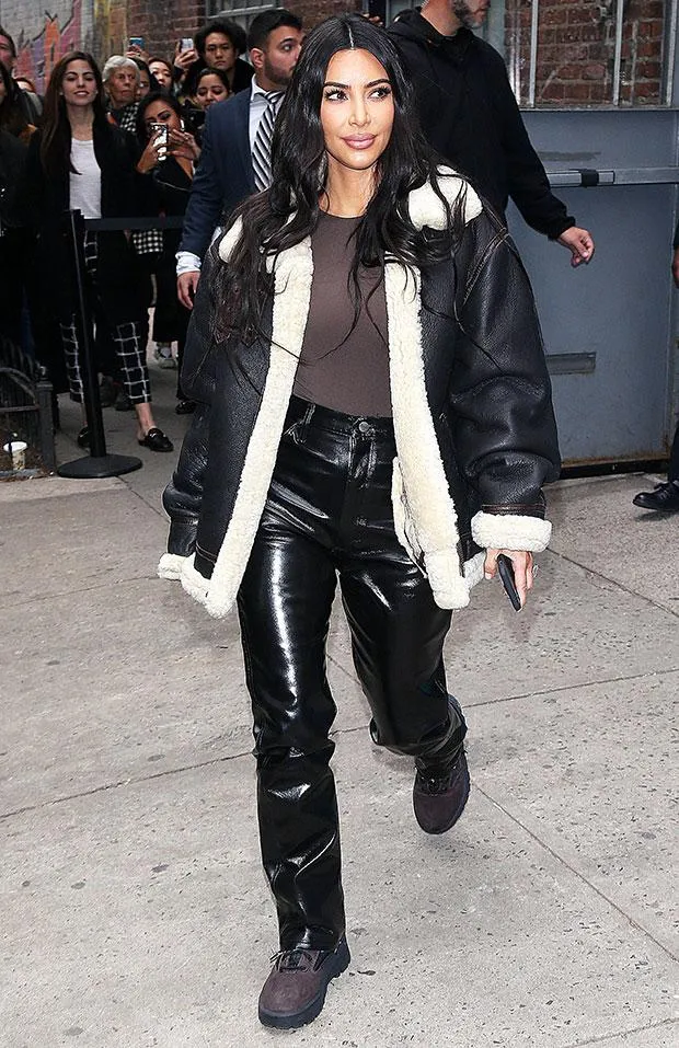 Original Black Leather Jacket with Faux Fur Worn By Kim Kardashian | Kim Kardashian Original Black Leather Jacket with Faux Fur