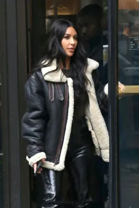 Original Black Leather Jacket with Faux Fur Worn By Kim Kardashian | Kim Kardashian Original Black Leather Jacket with Faux Fur