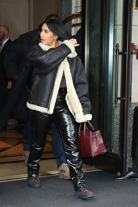 Original Black Leather Jacket with Faux Fur Worn By Kim Kardashian | Kim Kardashian Original Black Leather Jacket with Faux Fur