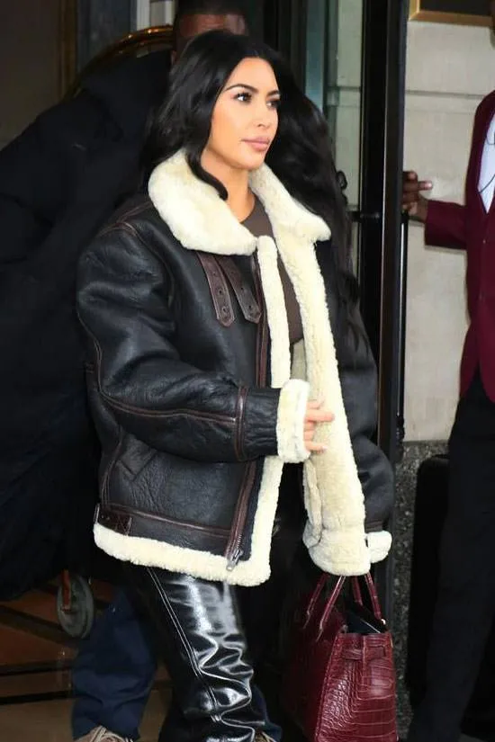Original Black Leather Jacket with Faux Fur Worn By Kim Kardashian | Kim Kardashian Original Black Leather Jacket with Faux Fur