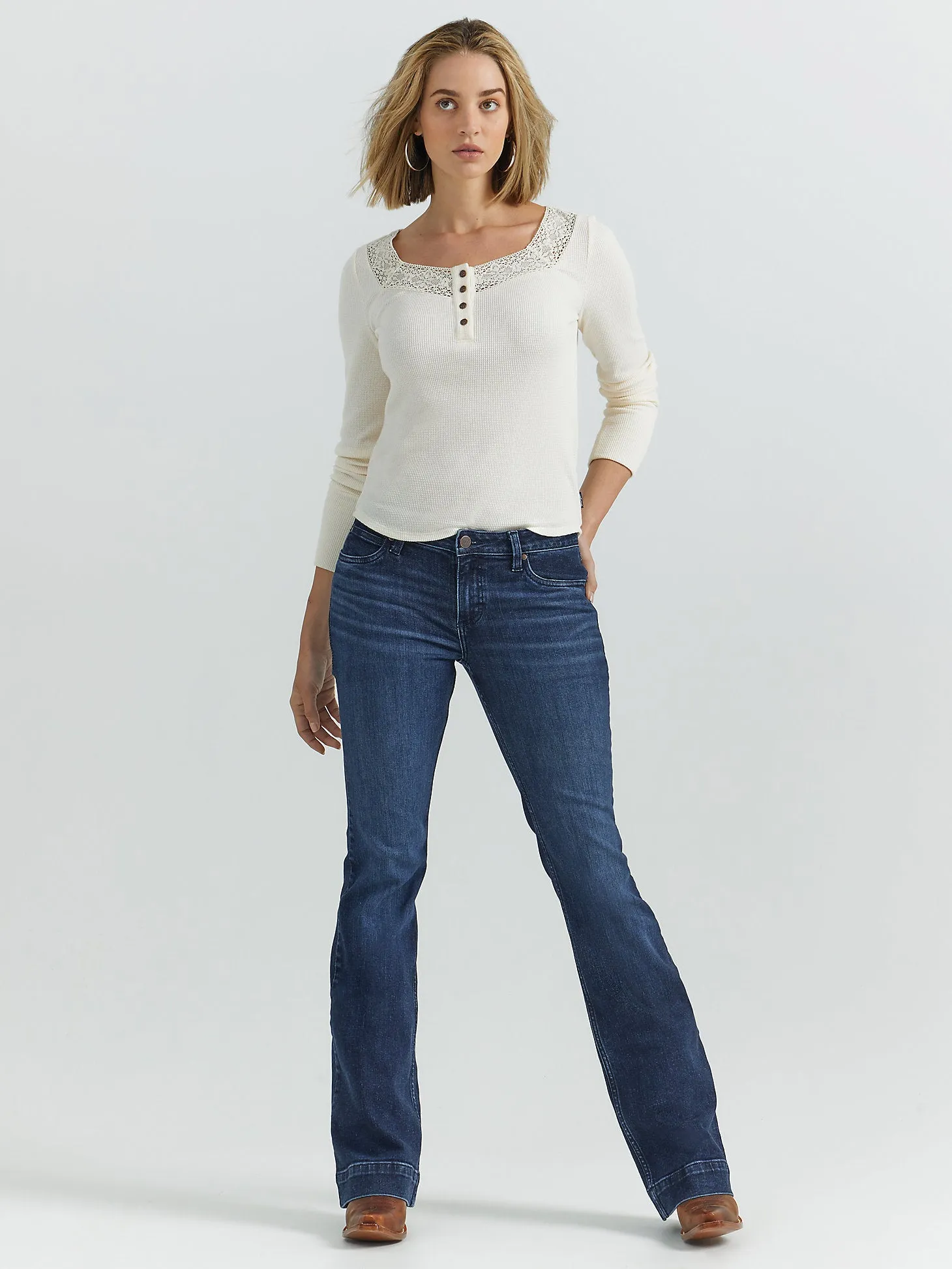 Women's Lace Waffle Henley - Cream